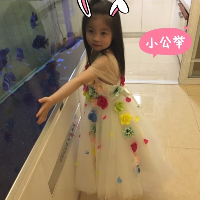 Pre-order ชุดแฟนซี ชุดราตรีเด็ก แขนกุด แต่งดอกไม้สามมิติ กระโปรงตาข่าย ซิปหลัง มีหางยางสวยงาม สำเนา