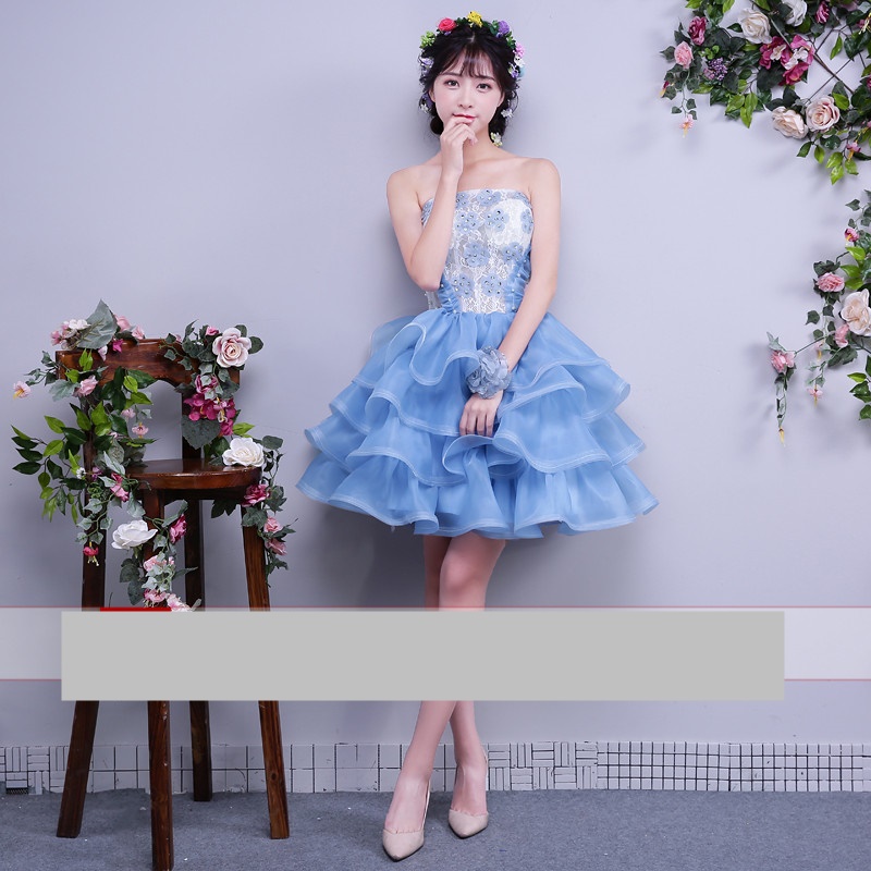 Pre-orderชุดแฟนซีชุดราตรีสั้นเกาะอกแต่งดอกและผ้าลูกไม้ กระโปรงระบาย