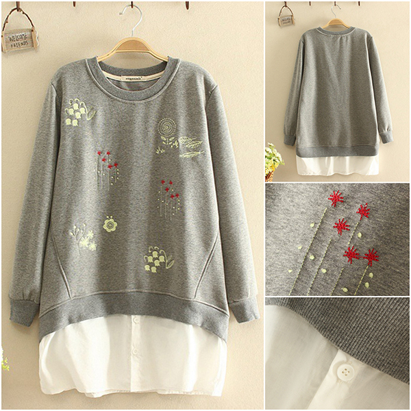 เสื้อสเวตเตอร์กันหนาวปักลายวินเทจ ซับกำมะหยี่เต็มตัว (11760LM)