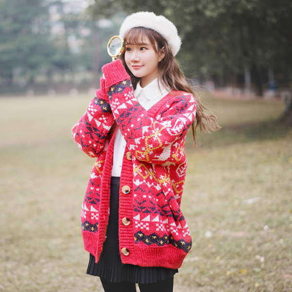 CARDIGAN เสื้อคลุมไหมพรมคอวี ผ้าหนานุ่มถักลายวินเทจ (12271B)