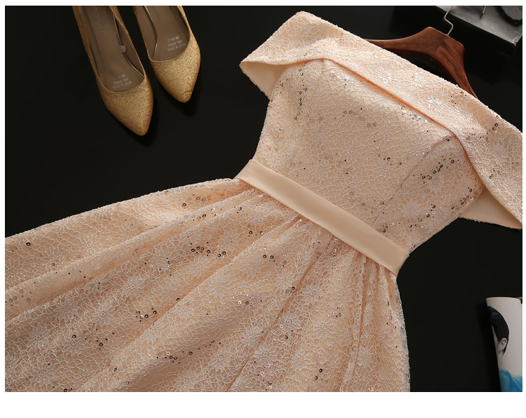 Pre-order ชุดราตรีสั้น แบบไหล่ปาด ผ้าลูกไม้ ปัดเลื่อม กระโปรงสั้น พร้อมโบว์ เชือกผูกหลัง