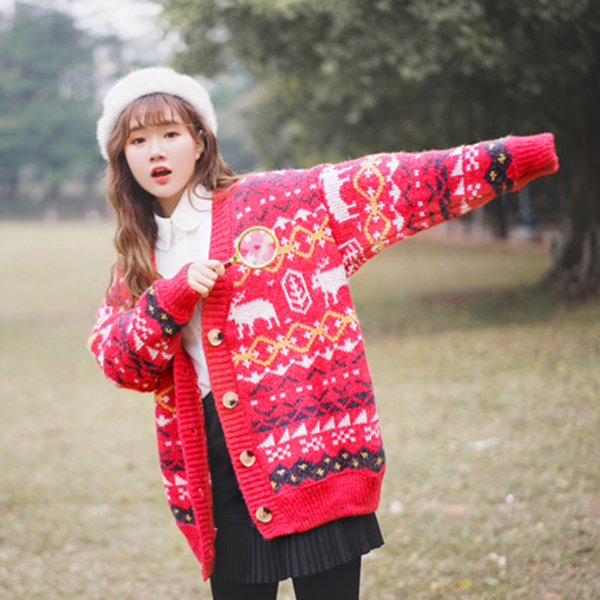 CARDIGAN เสื้อคลุมไหมพรมคอวี ผ้าหนานุ่มถักลายวินเทจ (12271B)