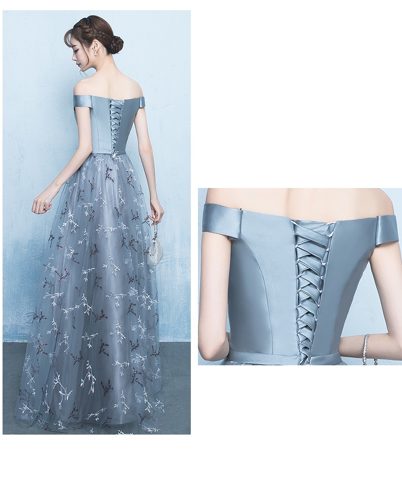 Pre-order ชุดราตรียาวเกาะไหล่ปาดจับเดรปช่วงอกกระโปรงตาข่ายเชือกผูกหลัง