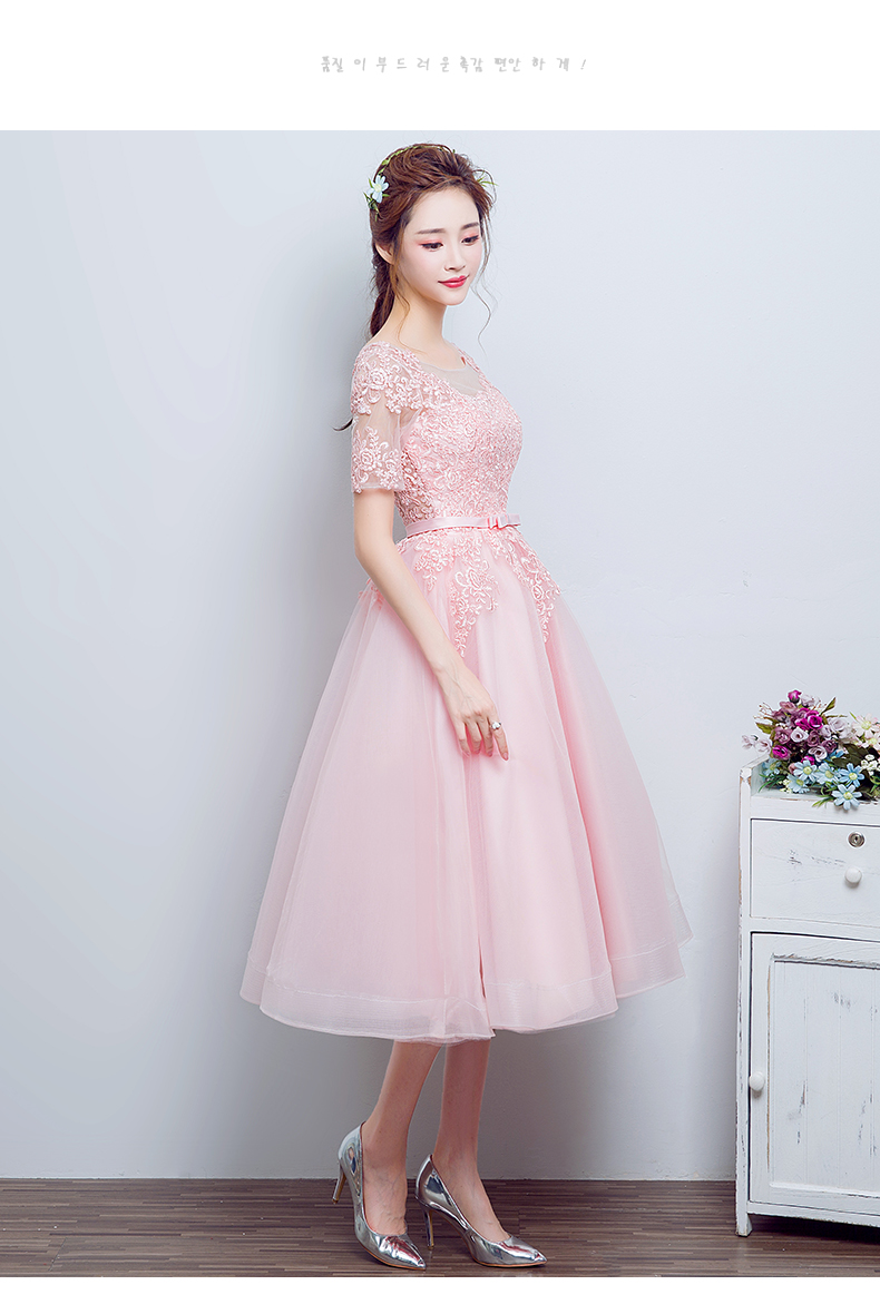 Pre-order ชุดราตรีสั้น แขนสามส่วน สีชมพูโอโรส สวยหวาน กระโปรงตาข่าย (ยาว) ตัวชุดลูกไม้&แต่งโบว์ช่วงเอว ซิปหลัง