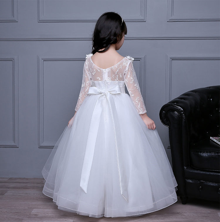 Pre-order ชุดราตรีเด็ก ชุดออกงาน ชุดกระโปรง สไตล์เจ้าหญิง แขนยาว คอกว้าง แต่งลูกไม้ กระโปรงตาข่ายฟู มีซิปหลัง