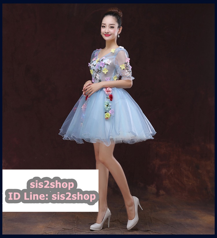 พร้อมเช่า ชุดแฟนซีสั้น สีฟ้า แขนยาว แต่งดอก Fairy สไตล์เจ้าหญิง กระโปรงพองสวยชายย้วย เชือกผูกหลัง