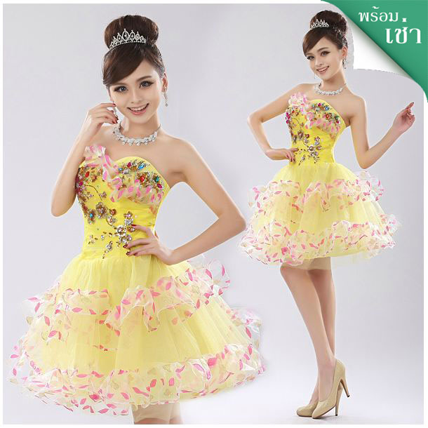 พร้อมเช่า ชุดแฟนซี ชุดราตรีสั้น กระโปรงสุ่ม ผ้าโปร่ง ปักลูกปัดและดอกไม้ สีเหลือง
