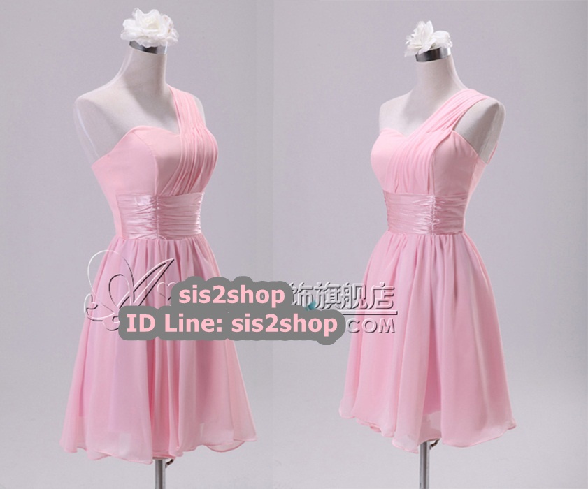 พร้อมส่ง ชุดราตรีสั้น บ่าเฉียง สีชมพูอ่อน คอเว้า Sweet Heart คาดเอวผ้าซาติน