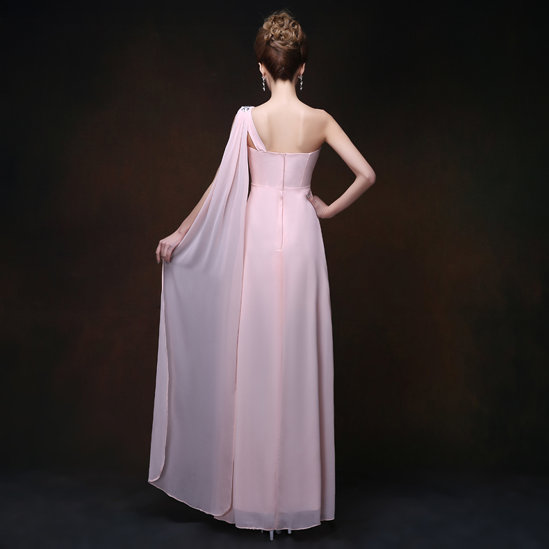 Pro-order ชุดราตรียาว เกาะอก ไหล่เดียว ผ้าชีฟอง ปักเลื่อม แต่งเพชร มีซิปหลัง