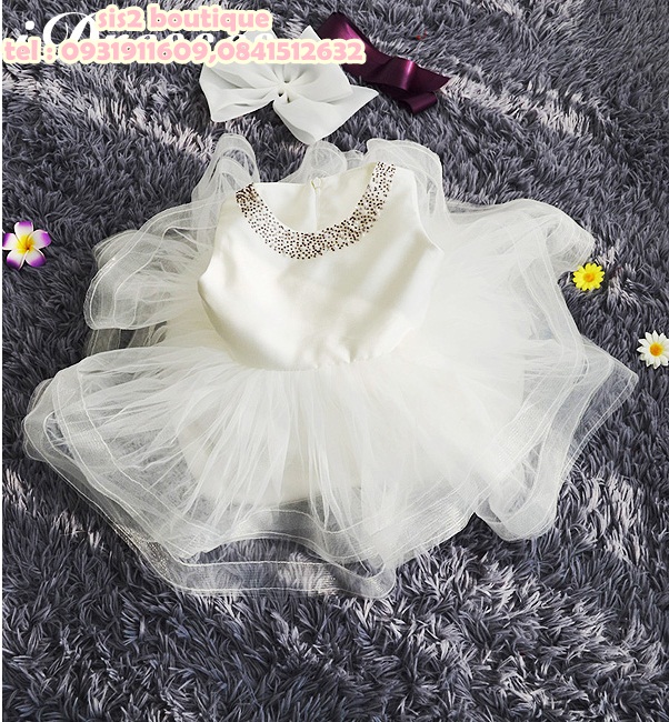 Pre-order ชุดราตรีเด็ก เดรส Tutu คอปักเลื่อม ปักมุก คาดเอวด้วยผ้าซาตินสีม่วง ด้านหลังติดโบว์ถอดได้