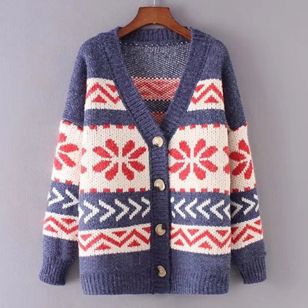 CARDIGAN เสื้อคลุมไหมพรมคอวี ผ้าหนานุ่มถักลายวินเทจ (12270B)