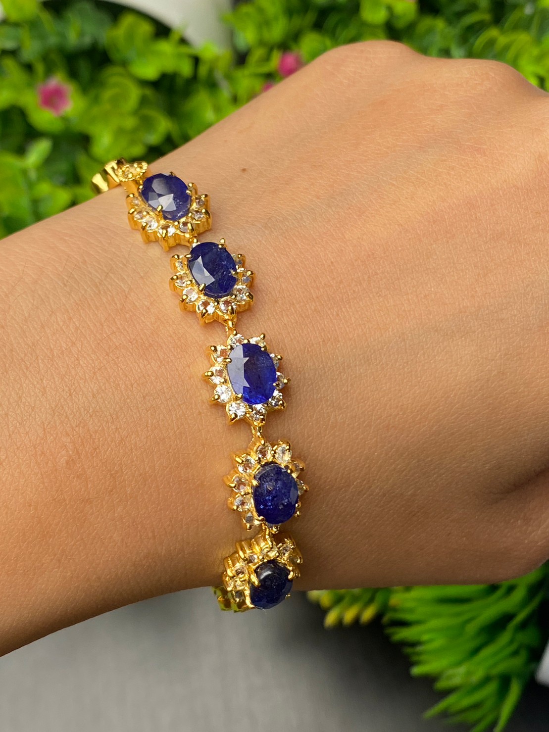 สร้อยข้อมือ พลอยแท้ ไพลิน Blue Sapphire Bracelet 14 กะรัต 5 เม็ด พลอยแท้ อัญมณีมงคลประจําวันเกิด เครื่องประดับพลอย