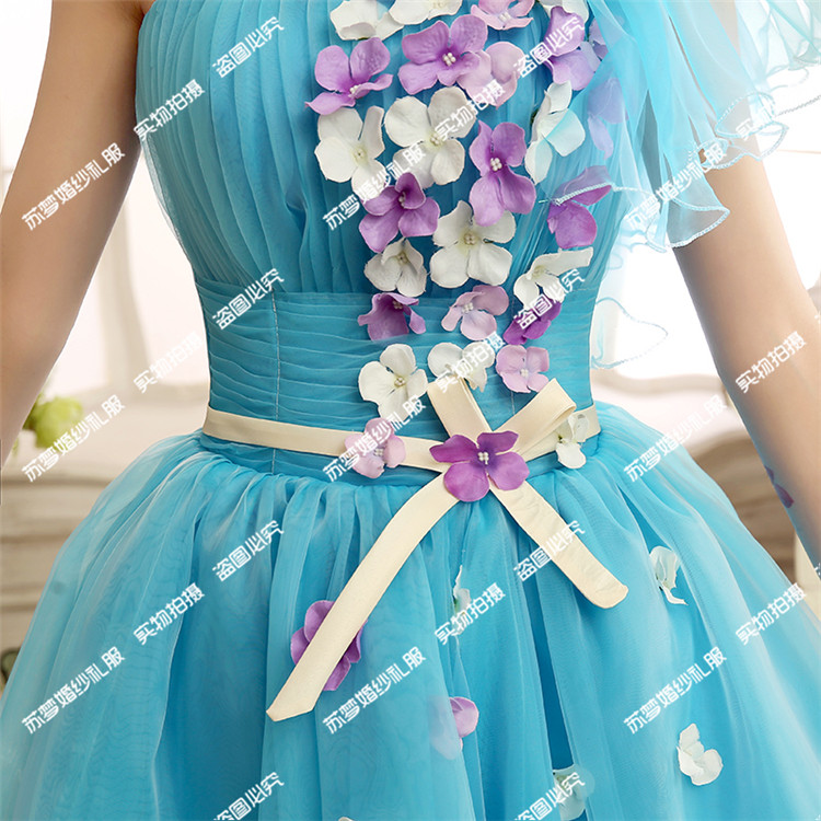 Pro-order ชุดราตรี ชุดแฟนซีสั้น แบบเกาะอก ไหล่เดียว แต่งดอกไม้แฮนด์เมด กระโปรงพองสวย เชือกผูกหลัง