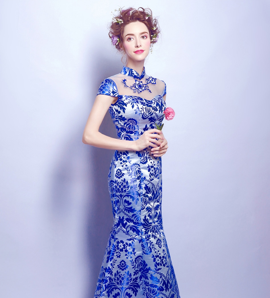 Pre-order ชุดแฟนซี ชุดราตรียาว คอจีน สีน้ำเงิน ทรงหางปลา สวยหรู