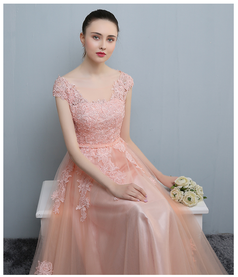 Pre-order ชุดราตรียาว แขนกุด สีชมพู กระโปรงตาข่าย แต่งอกด้วยลูกไม้ เพิ่มผ้าคาดเอว สวยหวาน เชือกผูกหลัง