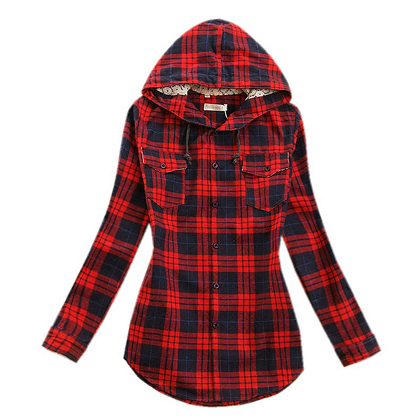 เสื้อแจ็คเก็ตเชิ้ตลายสก็อตผ้านิ่ม มีฮู้ดซับผ้าลูกไม้ (11222AL)