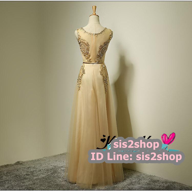 พร้อมส่ง ชุดราตรียาว แขนกุด สีทอง แต่งเกล็ดสีทอง พร้อมมุก ระยิบระยับ เนื้อผ้าตาข่าย มาพร้อมเข็มขัดรูปใบไม้สีทองเข้าชุด (ซิปหลัง)