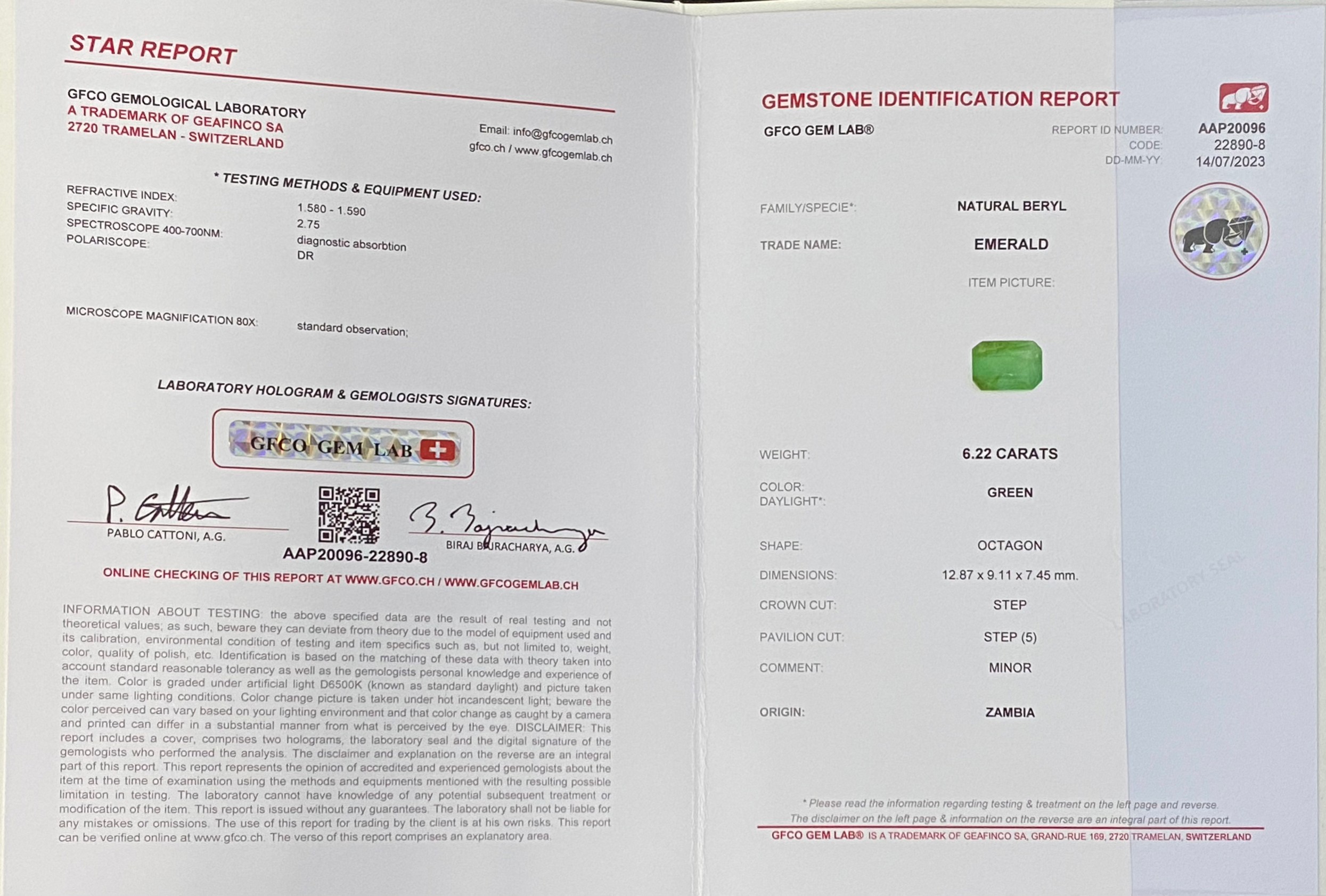 พลอย มรกต Natural Emerald แซมเบีย 6.22 กะรัต (Cts.) พร้อมใบเซอร์ พลอยแท้ อัญมณีมงคลประจําวันเกิด เครื่องประดับพลอย