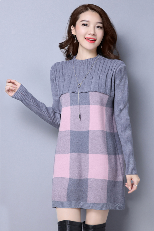 เดรสไหมพรมคอเต่า แขนยาว ถักลายตาราง (12219B)