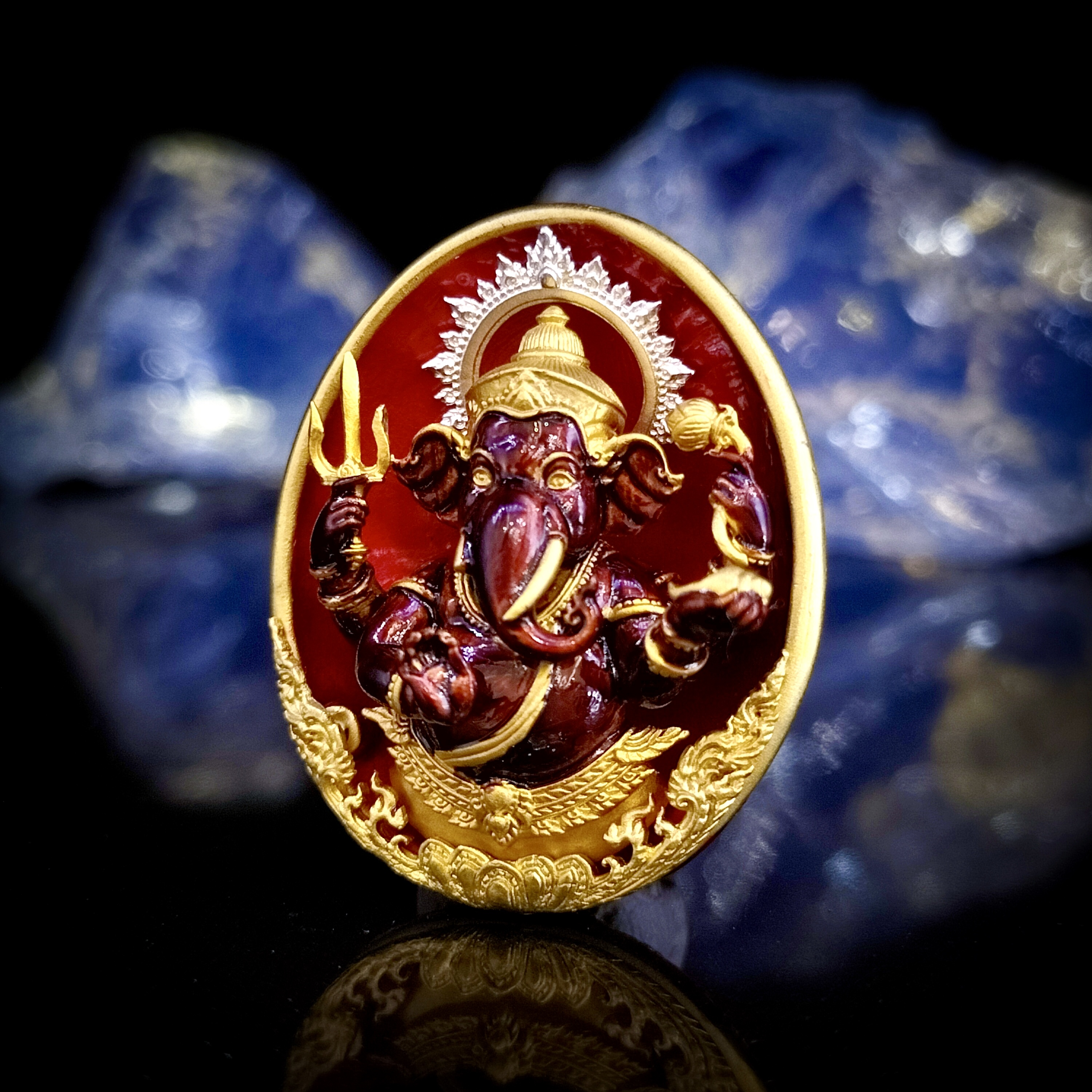 พระพิฆเนศ รุ่น คณปติ คเณศแห่งความสำเร็จ รหัส6.1 เนื้อบรอนซ์นอกชุบทอง ลงยา2หน้า