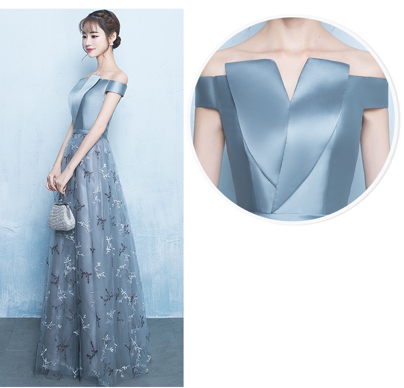 Pre-order ชุดราตรียาวเกาะไหล่ปาดจับเดรปช่วงอกกระโปรงตาข่ายเชือกผูกหลัง