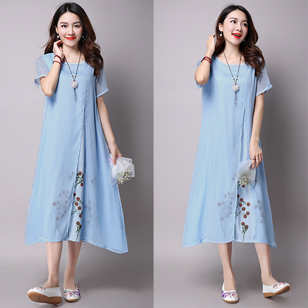 เดรสยาวแฟชั่นวินเทจ ผ้าทอพิมพ์ลาย ชายพริ้วสวย (11809M)