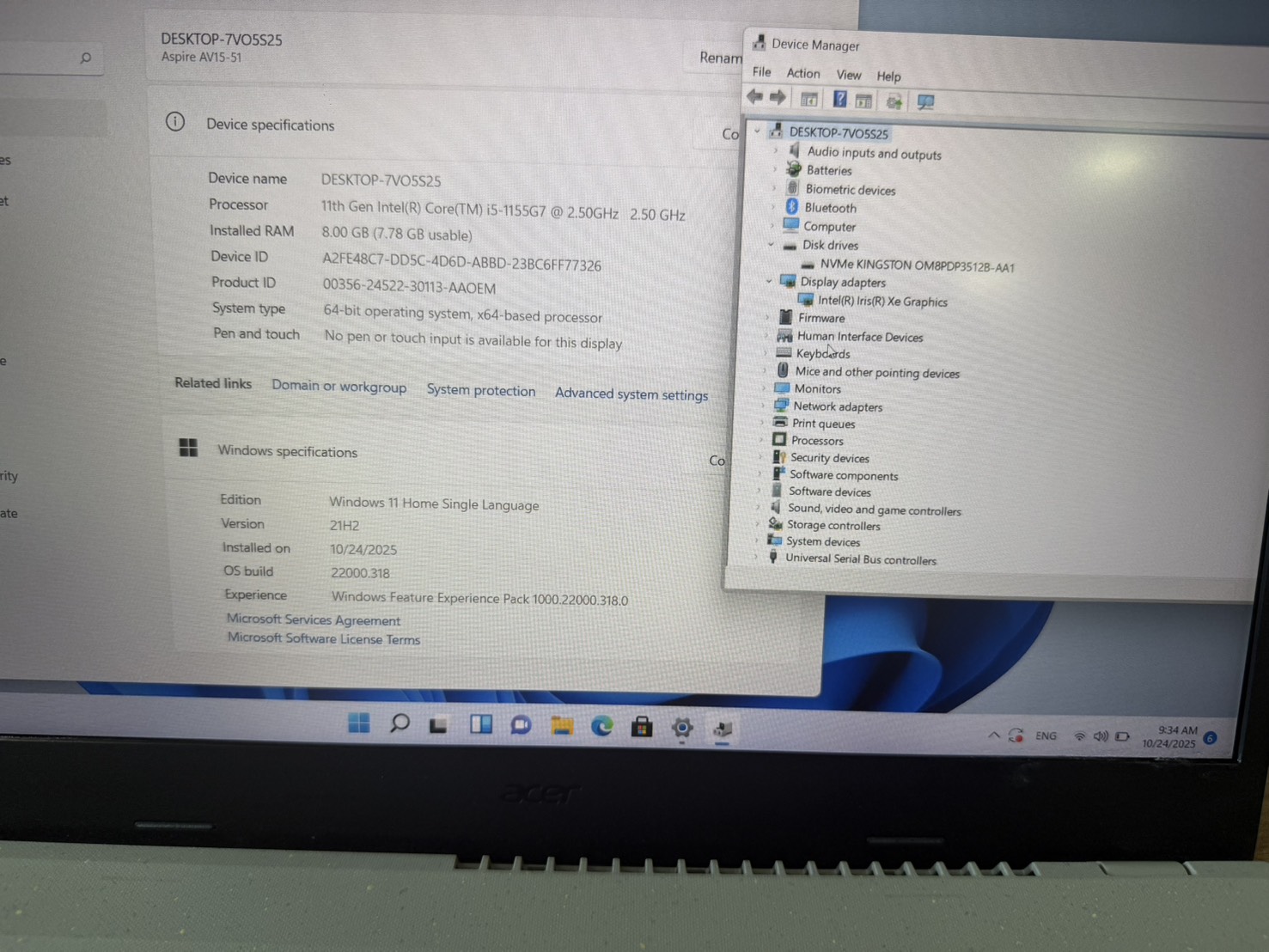 Acer Aspire Vero(i5-1155G7/8GB/500GB)+Adapter Batt 77% กรอบจอซ้ายบนแตก/คราบกาวด้านขวาล่าง