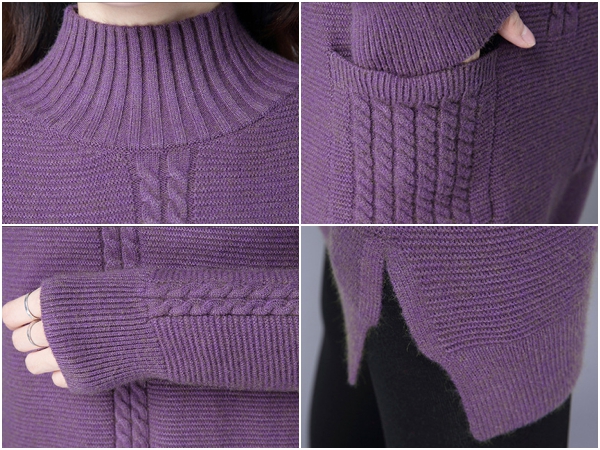 เสื้อไหมพรมคอสูงถักลายนูน แต่งกระเป๋าคู่ (12169B)