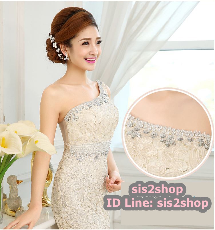 พร้อมส่ง ชุดราตรียาว เกาะอก ไหล่เดียว สีครีม Champagne ลูกไม้ทั้งตัวเข้ารูป แต่งคริสตัล ด้านหลังเป็นซีทรู