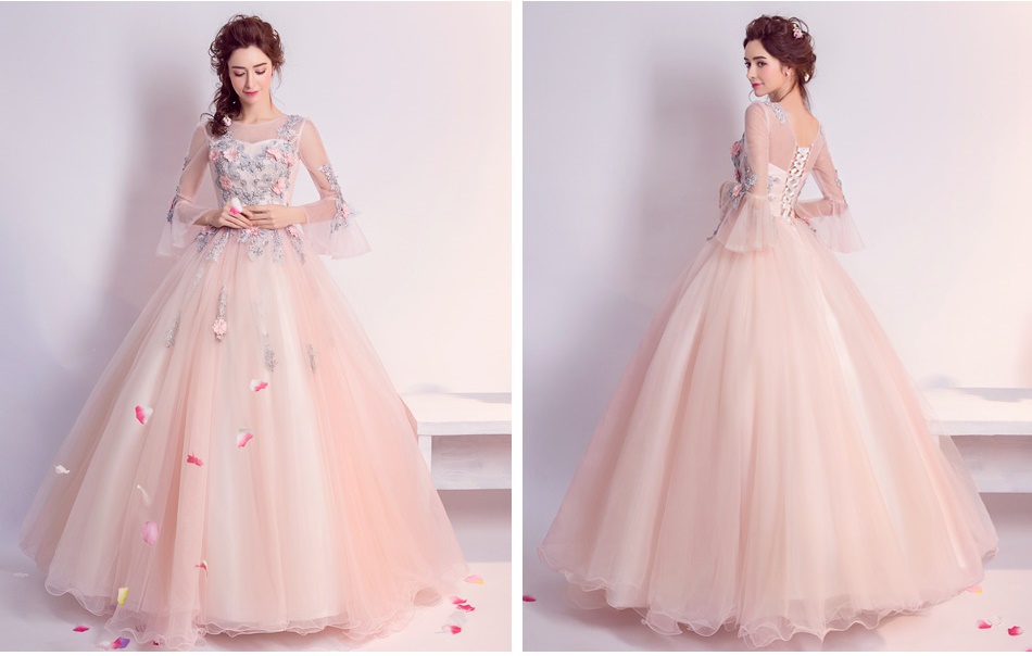 Pre-orderชุดแฟนซีชุดราตรียาวแขนยาวแต่งระบายปลายแขนกระโปรงพองสวย