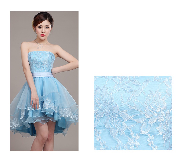 พร้อมส่ง ชุดราตรีสั้น เกาะอก แต่งลูกไม้กระโปรง3ชั้น ผ้าแก้ว ผ้าคาดเอวซาติน หน้าสั้นหลั้งยาว สีฟ้า