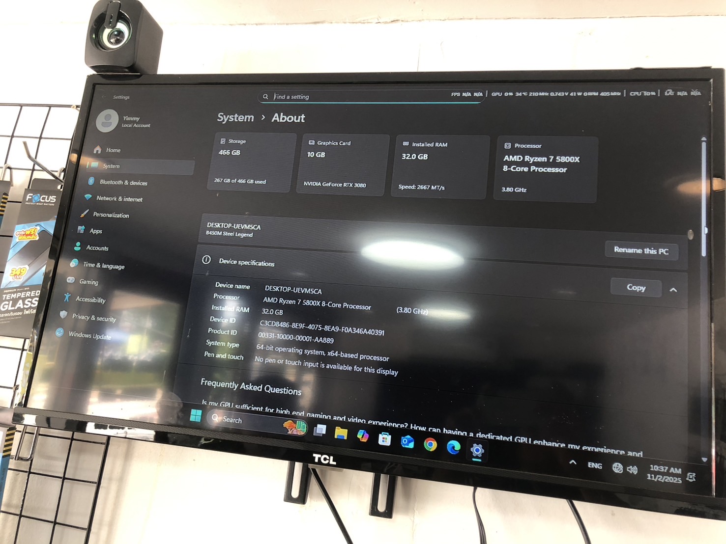 PC ประกอบ Ryzen7 5800x Ran 32GB SSD 500GB RTX 3080 10GB ไม่มีฝาข้าง