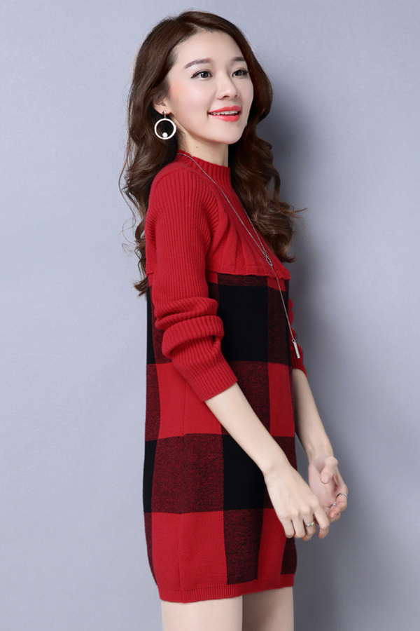 เดรสไหมพรมคอเต่า แขนยาว ถักลายตาราง (12219B)