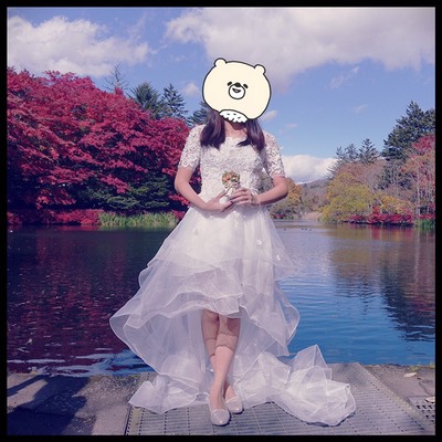 Pre-order ชุดแฟนซี ชุดเจ้าสาว ชุดราตรี หน้าสั้นหลังยาว แขนสั้น แต่งผ้าลูกไม้ สวยหรู เชือกผูกหลัง