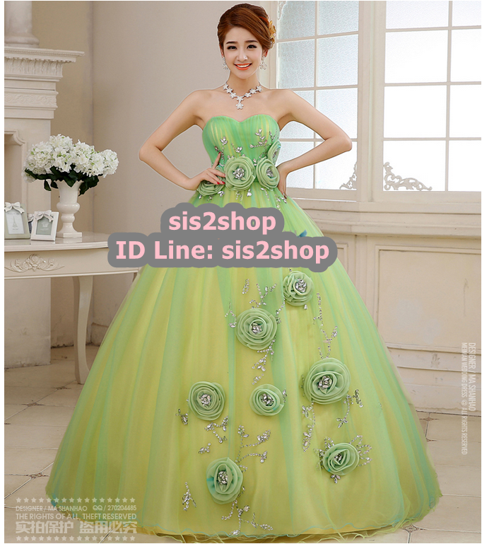 พร้อมเช่า ชุดแฟนซี ชุดราตรียาว สีเขียว เกาะอก Sweet Heart แต่งดอกไม้ ช่วงเอว กระโปรงพองสวย สไตล์เจ้าหญิง เชือกผูกหลัง
