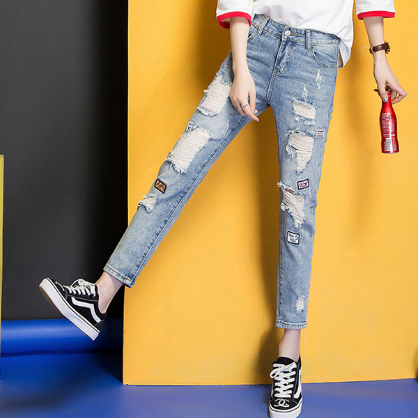 กางเกงยีนส์ขายาวแปดส่วน แต่งปะขาดแนวเซอร์ (11791X)