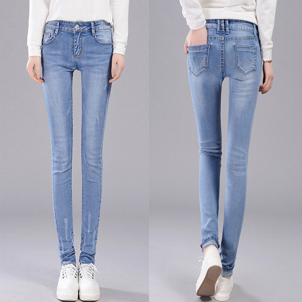 กางเกงยีนส์ทรงสลิม ขายาว พับปลายขาแต่งผ้าลายดอก (11455X)