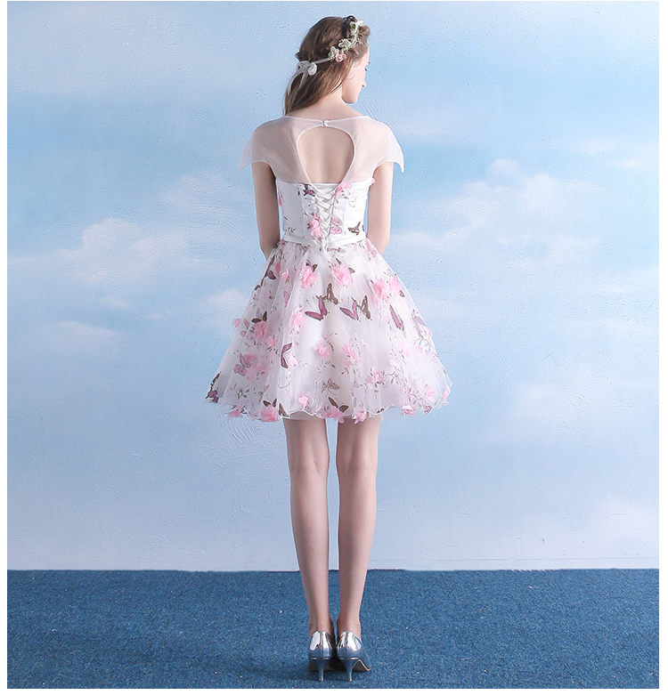 Pre-order ชุดราตรีสั้น ชุดเพื่อนเจ้าสาว ตกแต่งด้วยลายดอกไม้ทั้งชุด กระโปรงผ้าแก้ว สีชมพู สีครีมแชมเปญ สีม่วง (เชือกผูกหลัง)