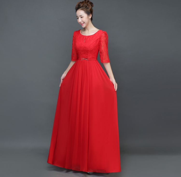 Pro-order ชุดราตรียาว แขน3ส่วน ผ้าลูกไม้ คอวี กระโปรงผ้าชีฟอง ซิปหลัง ไซส์ใหญ่ XS-4XL