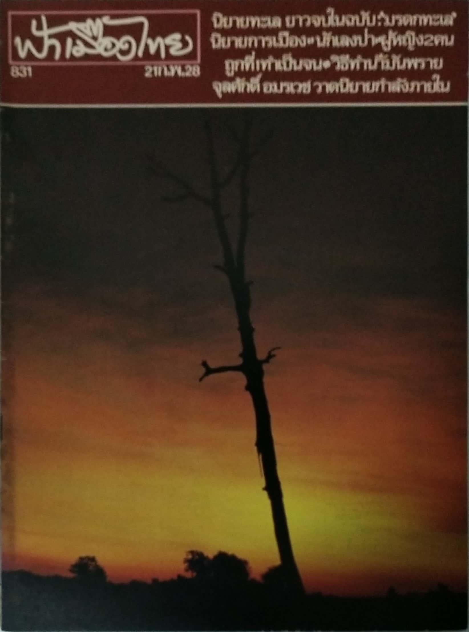 นิตยสารเก่า ฟ้าเมืองไทย ฉบับที่ 831 ปีที่ 16 วันพฤหัสบดีที่ 21 กุมภาพันธ์ 2528 ภาพปกโดย คำปัน สีเหนือ ในเล่ม นิยายทะเล ยาวจบในเล่ม,มรดกทะเล นิยายการเมือง นักเลงป่า ผู้หญิง 2 คน ถูกที่1 ทำเป็นจน วิธีทำน้ำมันพราย จุลศักดิ์ อมรเวช วาดนิยายกำลังภายใน