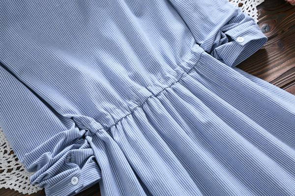 เดรสเชิ้ตแขนยาว เอวผูกจั๊ม ปักลายแมวน่ารัก (12296LM)