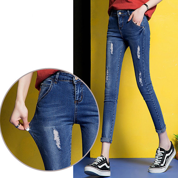 กางเกงยีนส์ทรงสกินนี่ ขายาวแปดส่วน แต่งขาแนวเซอร์ (11932X)