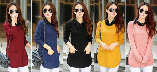 เสื้อสเวตเตอร์ไหมพรม คอปกเชิ้ตลายจุด แต่งกระเป๋าคู่ (12217B)