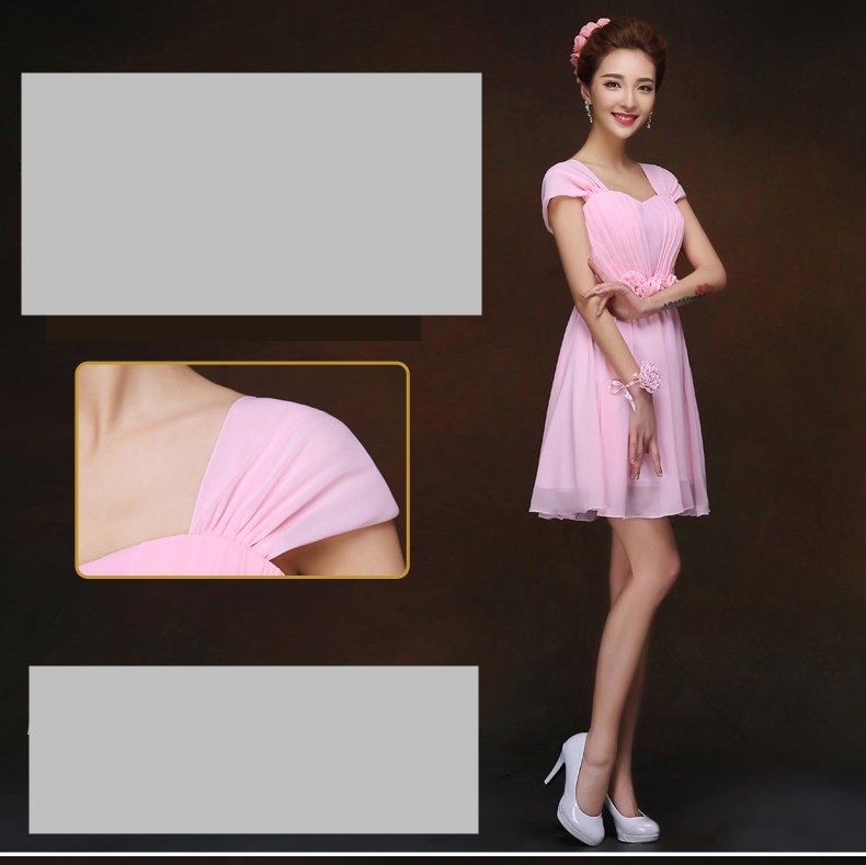 พร้อมส่ง ชุดราตรีสั้น สีชมพู ผ้าชีฟอง อกจับจีบแต่งดอกช่วงเอว แขนใส่ได้ 2แบบ แขนกุด/ปิดไหล่ (เชือกผูกหลัง)
