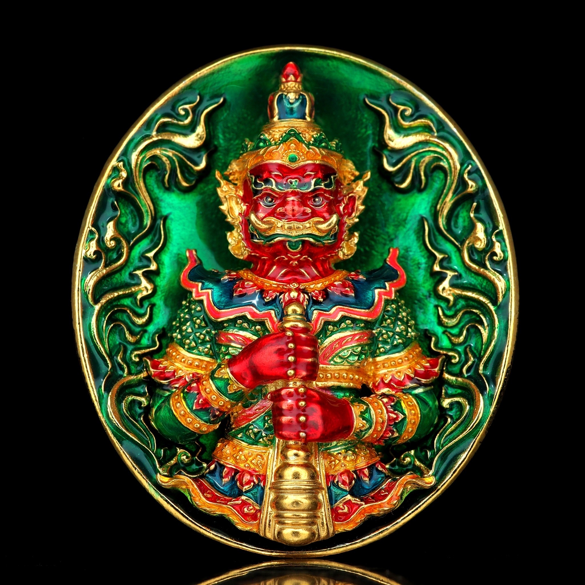 ท้าวเวสสุวรรณโณ รุ่นบันดาลประทานพร รหัส5 เนื้อบรอนซ์ชุบทองลงยาเขียว องค์ลงยากายแดง ขนาด 3.3 X 2.9 เซนติเมตร