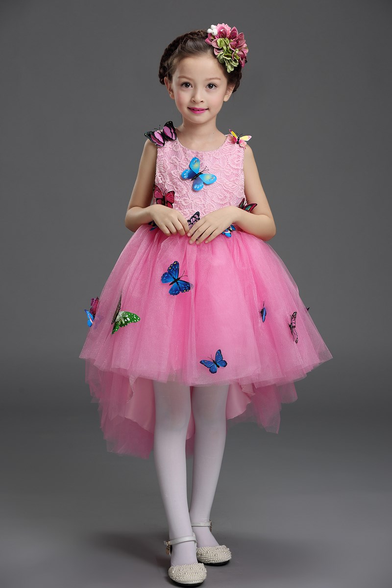 Pre-order ชุดราตรีเด็ก หน้าสั้นหลังยาว แขนกุด ผ้าลูกไม้ กระโปรงตาข่าย แต่งผีเสื้อสามมิติ สวยหวานน่ารักมาๆ