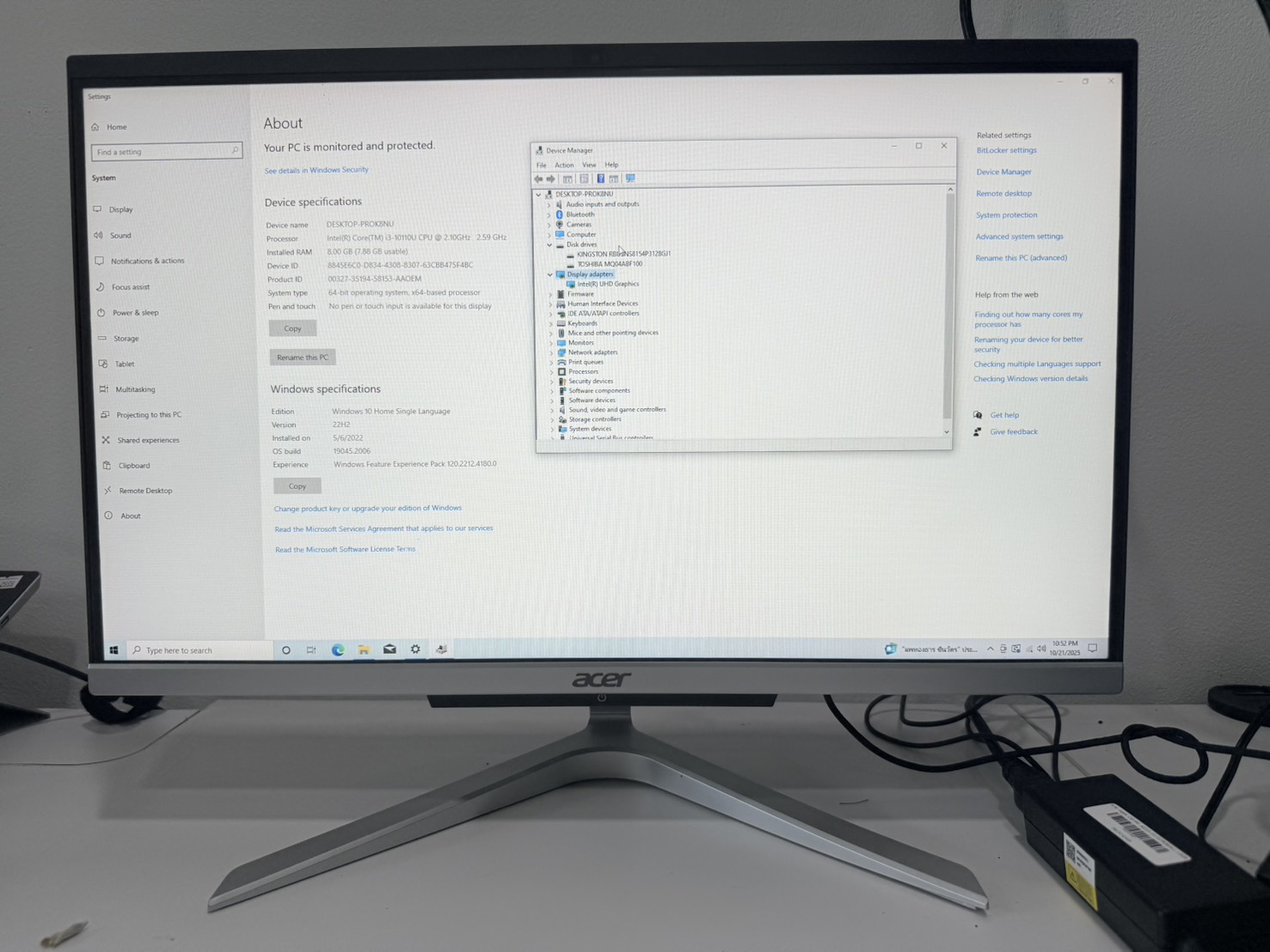 PC AIO Acer Aspire C22-960 AIO(i3-10110U/8GB/M.2 128GB/HDD 1TB)+Adapter