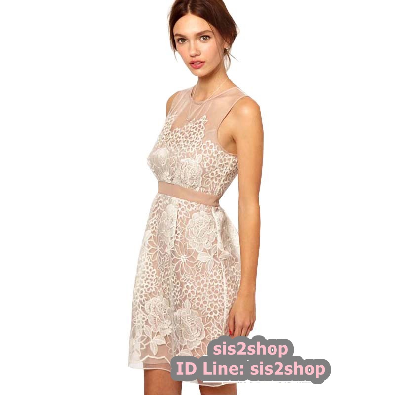 พร้อมส่ง ชุดเดรส/ชุดราตรีสั้น แขนกุด สีนู๊ด ผ้าแก้วปักลายดอกกุหลาบ ช่วงด้านหน้าและด้านหลังเป็นแบบซีทรู