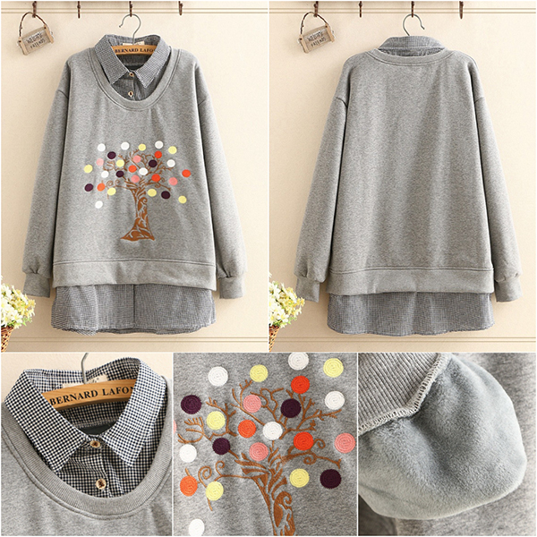 เสื้อสเวตเตอร์คอปกซับกำมะหยี่กันหนาว ปักลายต้นไม้วินเทจ (12076LM)