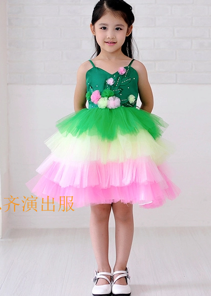 Pre-order ชุดแฟนซี ชุดแสดง ชุดกระโปรง เกาะอกสายเดี่ยว แต่งใบไม้ ดอกไม้ ช่วงอก กระโปรงตาข่ายหลากสีเป็นชั้น ๆ